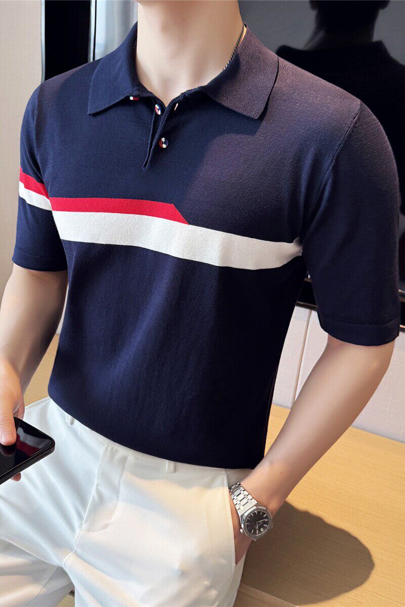 【天丝莱赛尔】个性条纹拼色冰丝针织POLO衫短袖T恤男PL2402-P67,男装Polo衫,电商A213
