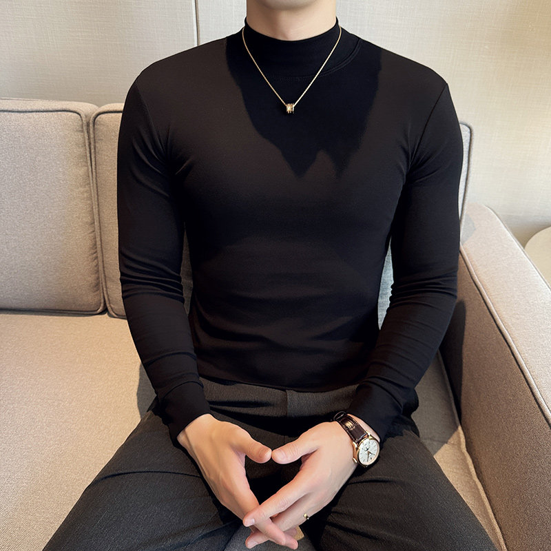 加厚加绒保暖半高领弹力t恤修身长袖纯棉中领打底衫黑色TU282-P50，男装T恤，电商A213