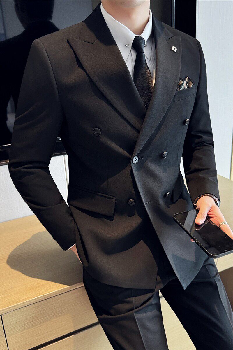 跑量款戗驳领双排扣西装三件套男修身商务西服套装SJT7053-P190特,男装西服,电商A213