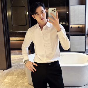 塔士多礼服衬衫新郎结婚长袖衬衫男褶皱设计感衬衣黑色C6609-P73图片