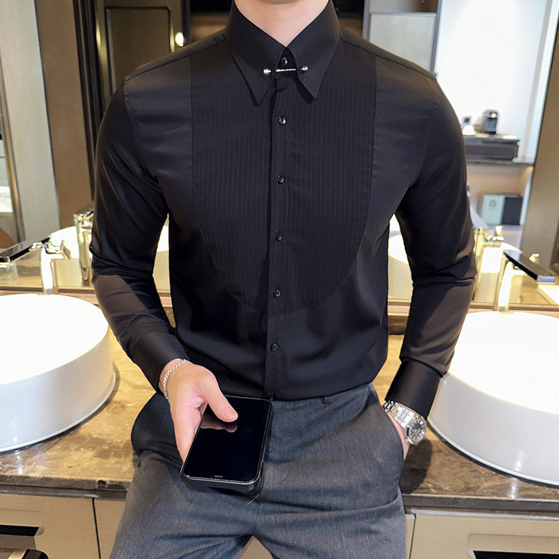领口金属装饰设计感男长袖礼服衬衫男时尚褶皱条纹衬衣C3005-P73,男装衬衫,电商A213