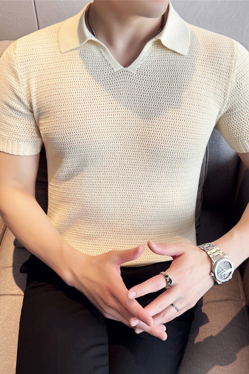 冰丝薄款翻领短袖T恤男镂空立体针织精致V领polo衫杏色T8987-P63,男装Polo衫,电商A213