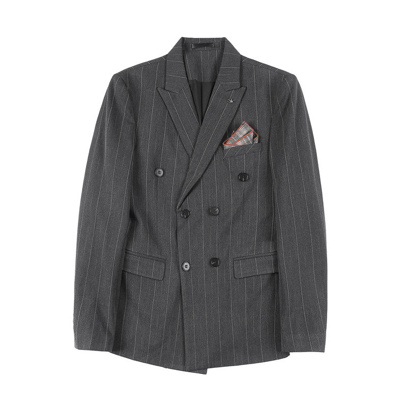 加厚宽条纹双排扣西服套装男商务西装两件套修身中灰LJT306/P230,男装西服套装,电商A213