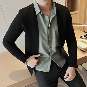 秋冬男士假两件针织衫开衫衬衫领毛衣外套两件套黑色M9507-P90图片