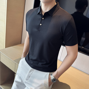 新增豆绿色~暗条纹高弹冰丝翻领无痕T恤男士短袖POLO衫PL06-P60图片