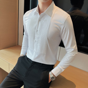 长期做~高品质面料新郎结婚长袖衬衫男时尚褶皱礼服衬衣C6609-P73图片