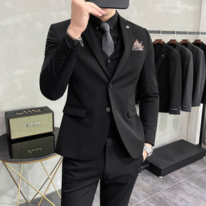 质感加厚两粒扣双开叉男西服套装修身西装三件套黑色SJT402-P270图片