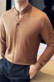 新中式立领长袖POLO衫男高级感弹力无痕翻领T恤咖啡色T6659-P68，男装T恤，电商A213