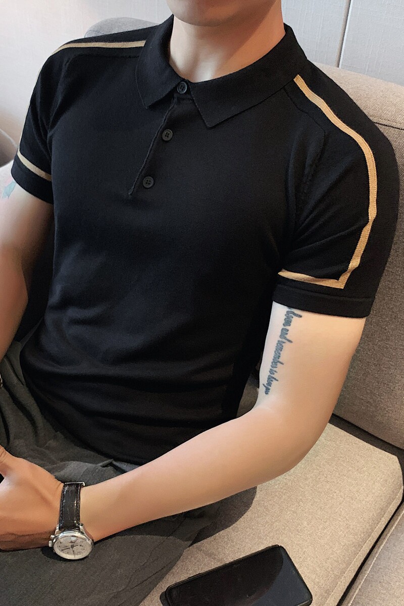 夏装时尚拼色条纹修身弹力针织冰丝T恤衫男短袖POLO衫PL9802-P55,男装T恤,电商A213