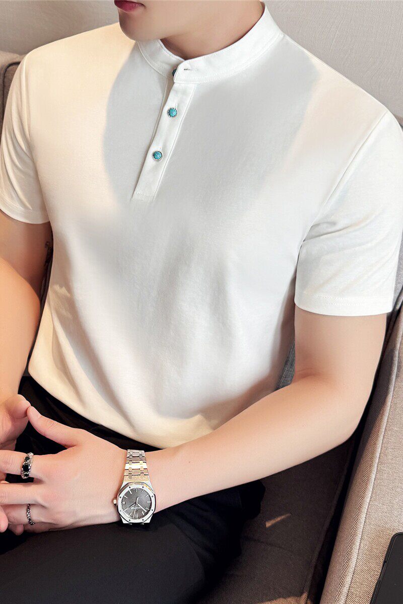 时尚绿松石扣子装饰设计感亨利领Polo衫男短袖T恤衫白色TF113-P47，男装Polo衫，电商A213