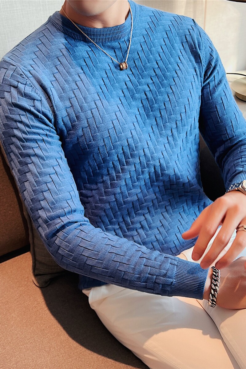 弹力提花编织冬季圆领毛衣男士套头修身针织衫蓝色M9371-P57,男装针织衫/毛衣,电商A213