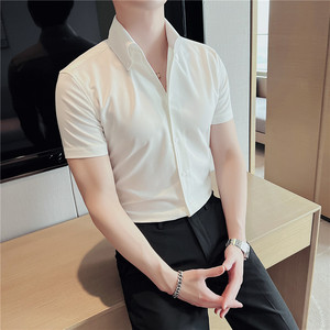 网红性感V领衬衫男短袖帅气修身休闲立领痞帅衬衣蓝色C210-P60图片