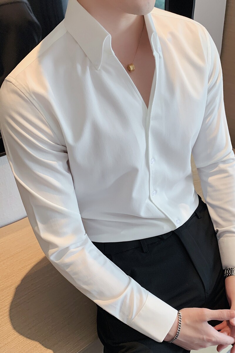 长期做~网红大V领衬衫男长袖潮流帅气休闲立领痞帅衬衣白C21-P60,男装衬衫,电商A213