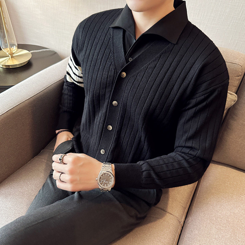 男士假两件针织衫开衫衬衫领时尚条纹毛衣外套两件套M93103-P93,男装针织衫/毛衣,电商A213