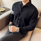 男士假两件针织衫开衫衬衫领时尚条纹毛衣外套两件套M93103-P93，男装针织衫/毛衣，电商A213