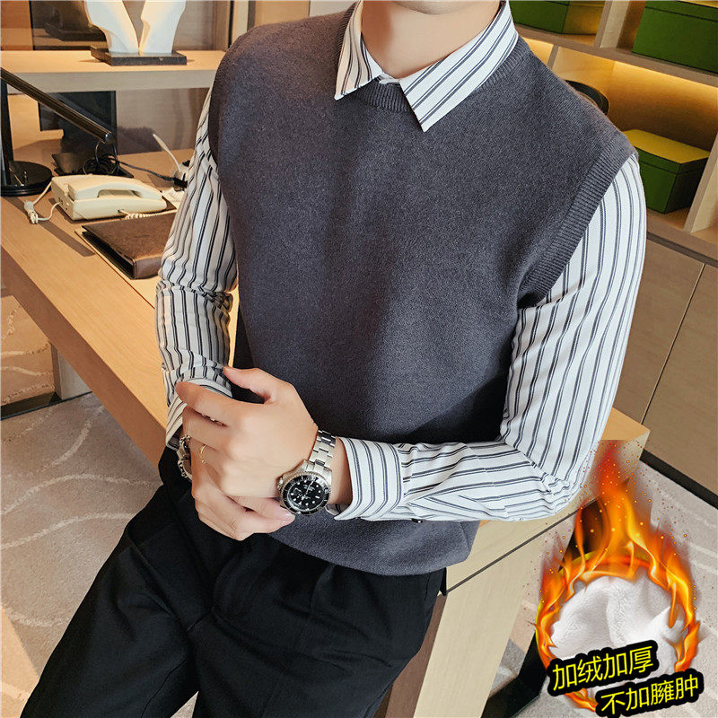 加厚加绒~时尚假两件条纹拼接衬衫领针织背心男毛衣JR6801-P98,男装背心/马甲,电商A213
