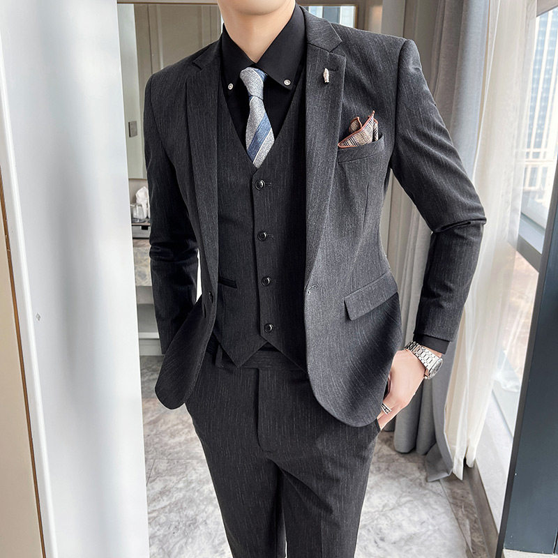 个性虚线条纹休闲西装套装男修身帅气西服三件套蓝色SJT109/P265,男装西服套装,电商A213