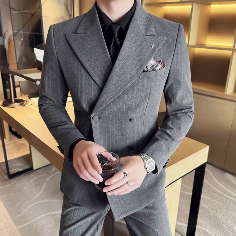 厚款大戗驳领双排扣西服拉伸腰围西裤条纹西装三件套SJT2082-P285图片