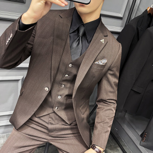 高级感色织面料西服套装条纹一粒扣西装三件套咖啡色SJT8019-P275图片