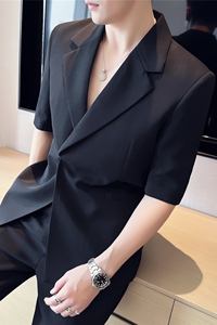 送皮带~潮人穿搭~夏装男宽松西装两件套短袖西服黑色LJT5503-P220图片