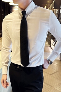 领口金属装饰设计感男长袖礼服衬衫男时尚褶皱条纹衬衣C3005-P73图片