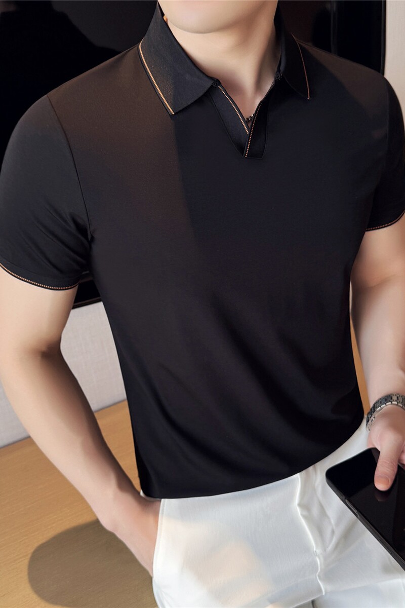 V领短袖Polo衫拼色翻领薄款休闲冰丝弹力T恤黑色PL2711-P53图片