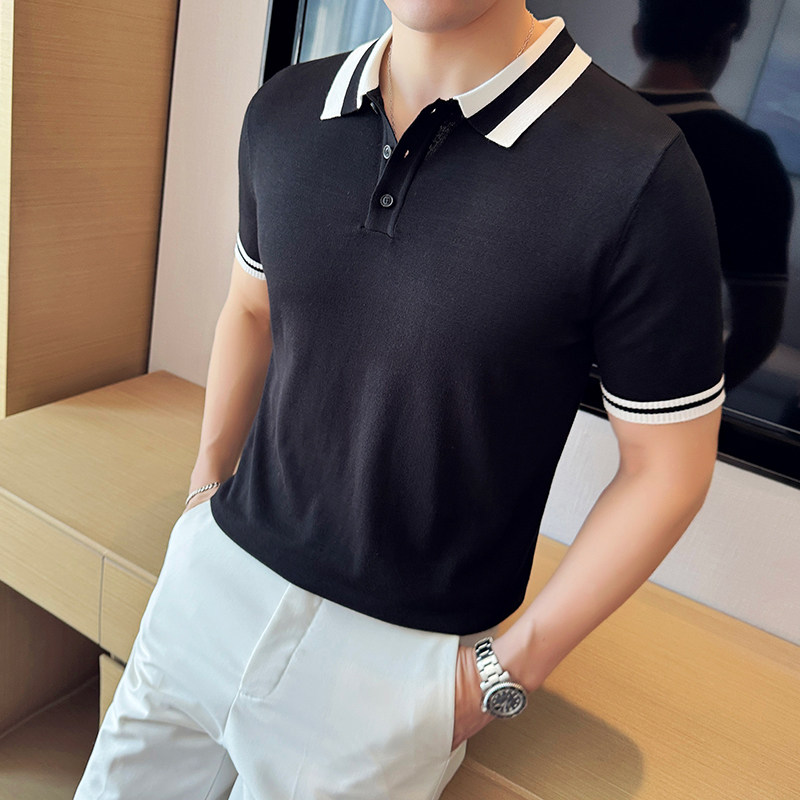夏季冰丝薄款撞色针织短袖Polo衫男拼色翻领T恤红色PL2371-P47图片