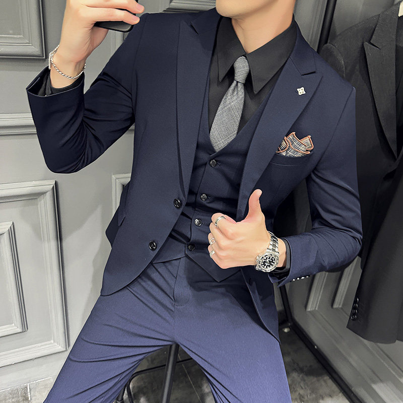 薄款戗驳领两粒扣单排扣西装男套装西服三件套藏青色SJT505-P265,男装西服,电商A213
