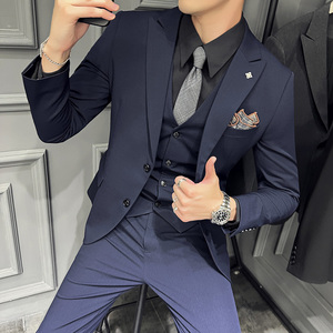 薄款戗驳领两粒扣单排扣西装男套装西服三件套藏青色SJT505-P265图片