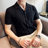 冰丝轻薄华夫格古巴领短袖衬衫男冰感透气商务短袖衬衣C2240-P58，男装T恤，电商A213