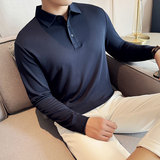 高品质翻领长袖T恤男弹力高级感带领Polo衫淡灰绿T6803-P58，男装T恤，电商A213