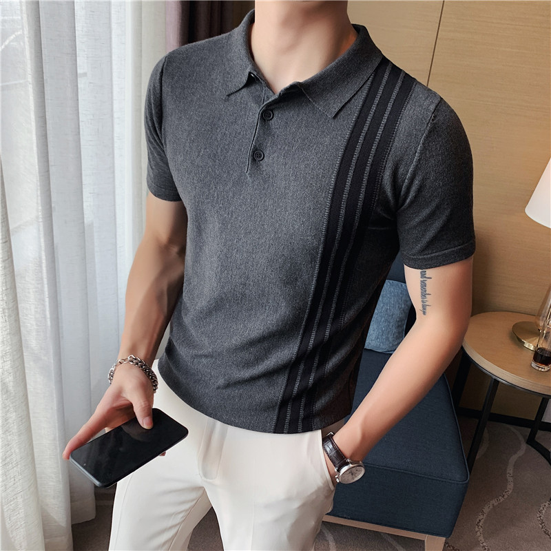 时尚半边条纹修身弹力薄款冰丝针织T恤衫男短袖POLO衫PL9803-P58,男装T恤,电商A213