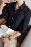 补齐大货~小金边华夫格高弹无痕长袖衬衫男修身衬衣红色C6020-P80，男装衬衫，电商A213