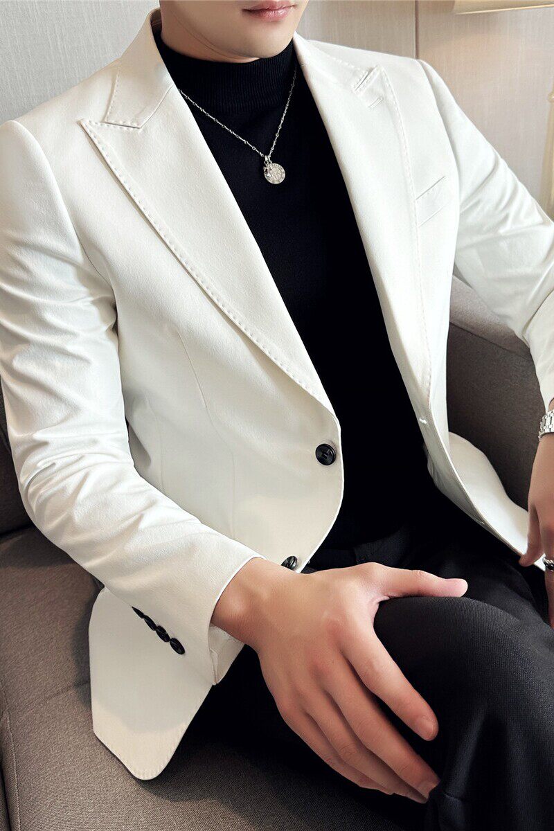 秋装纯色西装外套男西服商务休闲戗驳领两粒扣单西白色DX631-P137,男装西服套装,电商A213