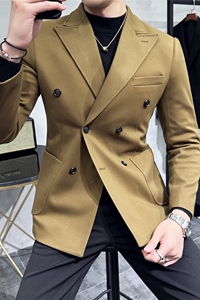 双排扣戗驳领男士毛呢休闲西服外套妮子加厚单西驼色DX8809-P155图片