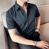 夏季网红暗门襟尖领衬衫男短袖帅气商务休闲男衬衣白色C2303-P58，男装T恤，电商A213