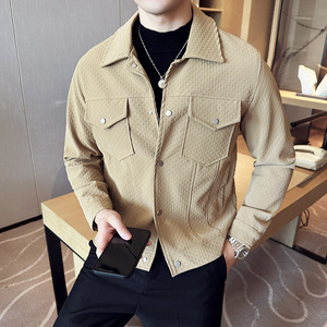 皮衣外套高级感亮面凹凸设计华夫格翻领皮夹克卡其色JK235-P100特图片