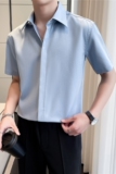 轻熟风~暗门襟尖领衬衫男短袖帅气休闲男衬衣白色C2303-P58，男装T恤，电商A213