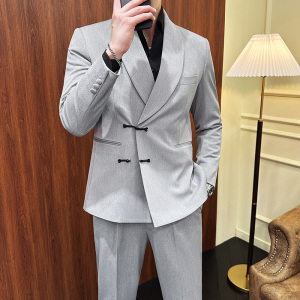风休闲盘扣西服套装青果领宴会西装两件套男灰色LJT953-P243图片