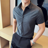 高级感商务衬衫男质感条纹衬衫暗扣修身短袖衬衣蓝色CXT10-P58，男装衬衫，电商A213