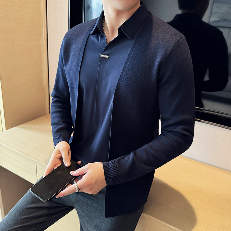 男士假两件针织衫开衫个性无痕V领衬衫领毛衣外套宝蓝色M8501-P93图片