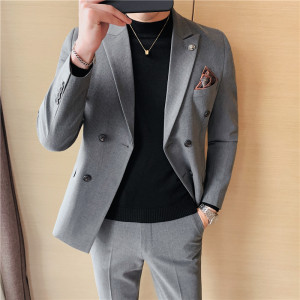 加厚条纹西服套装男痞帅修身双排扣正装结婚西装灰色LJT112-P230