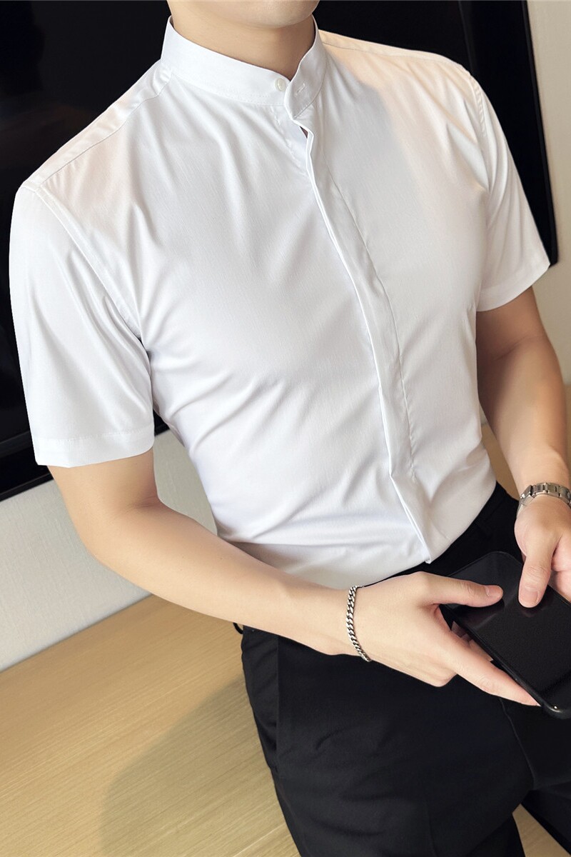 高级感立领衬衫男短袖圆领衬衣休闲时尚衬衣白色C2336-P58,男装T恤,电商A213