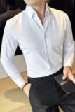 高级感暗条纹V领衬衫男长袖立领衬衣时尚一字领衬衫白色C3003-P68，男装衬衫，电商A213