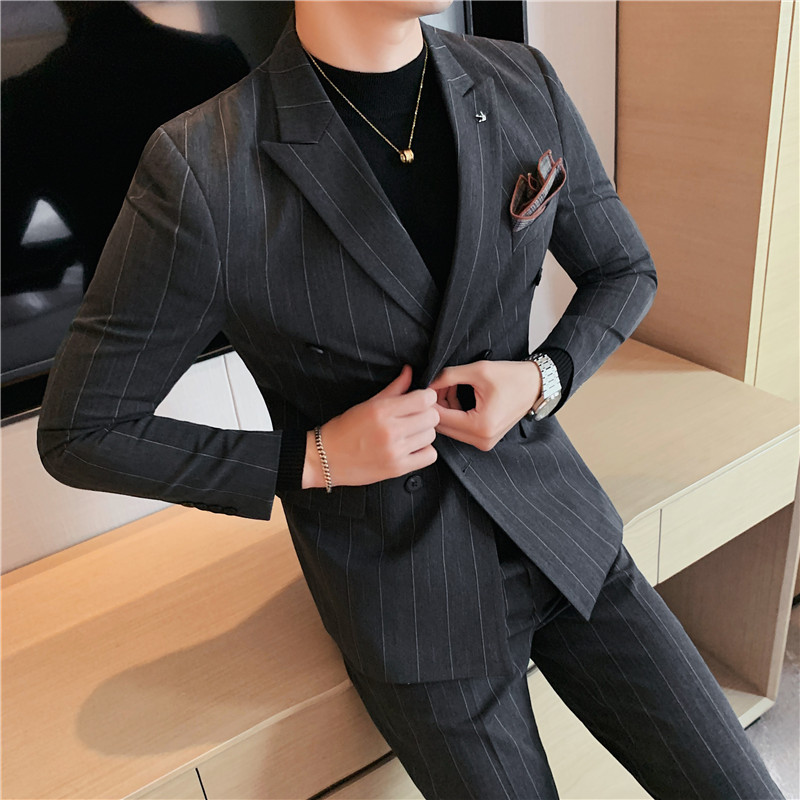 宽条纹西装双排扣加厚西服套装男商务礼服两件套修身LJT306/P230，男装西服套装，电商A213