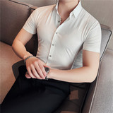 商务暗条纹高弹冰丝无痕短袖衬衫男修身垂感衬衣蓝色C1823-P75，男装T恤，电商A213