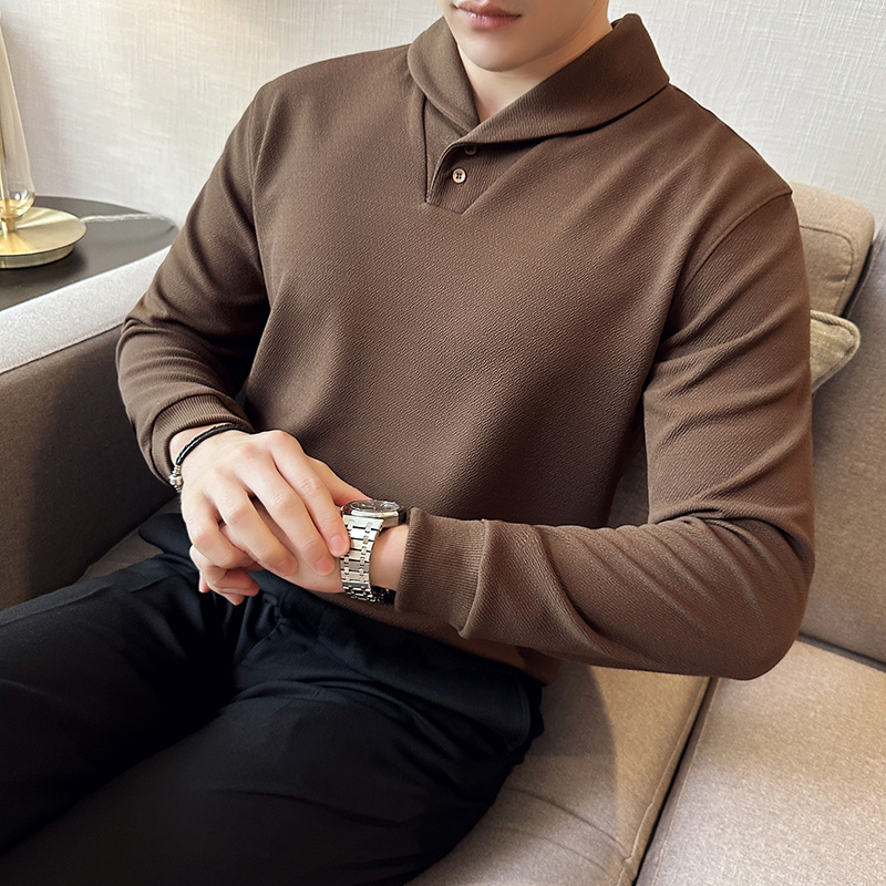 加厚泡泡纱面料古巴领长袖Polo衫男V领青果领卫衣打底衫W2808-P68，男装T恤，电商A213