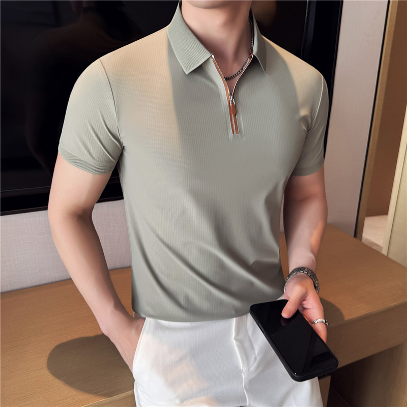 半拉链拼皮短袖Polo衫凉感轻薄弹力休闲户外运动短袖PL98253-P63，男装Polo衫，电商A213