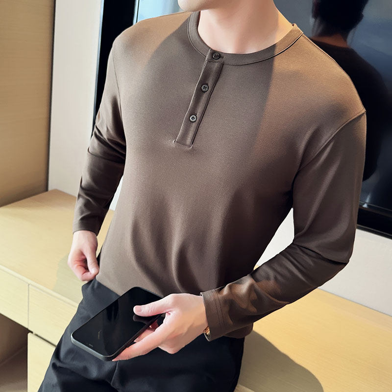 重磅290G~高品质亨利领长袖T恤男弹力高级感百搭打底衫T6802-P53