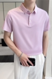 轻熟风~纯色高弹冰丝翻领无痕T恤男士短袖POLO衫粉紫色PL02-P50，男装T恤，电商A213